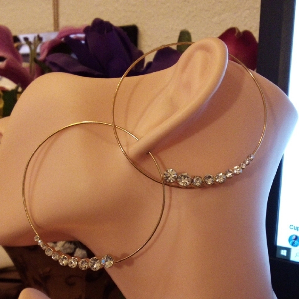 Gold Hoop Earrings with Clear Crystal Accents - Women Jewelry